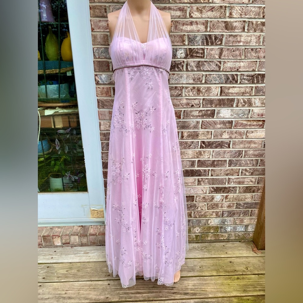 Vintage 90s Pastel Light Baby Pink & Silver Mesh Overlay Prom Dress